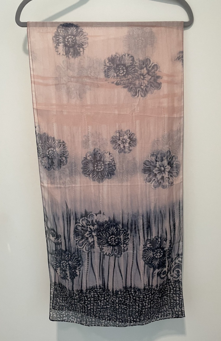 Pink Blue Floral Sheer Scarf Metallic Gold Dot Accent Lightweight 62x15